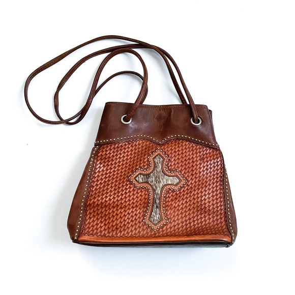 Vintage Western Brown Leather Hobo Bag with Calfskin Cross and Braided Details - Picture 1 of 7